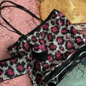 Betsey Johnson Tote Bag Sequin Leopard Cheetah Pink Silver Black Animal Print